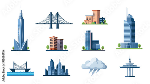 Urban architecture collection: modern skyscrapers, bridges, and city elements