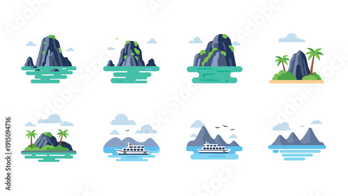 Collection of tropical island and boat scenes in flat design