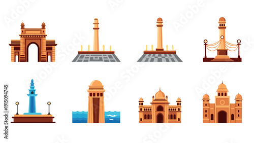 Colorful flat icons of famous indian monuments and architectural landmarks