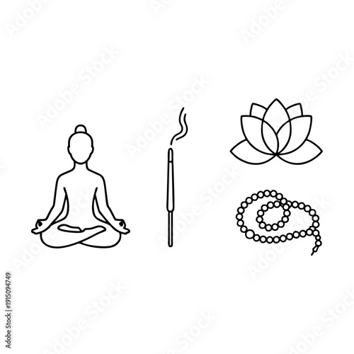 A serene meditation scene featuring a person in lotus position with incense, lotus flower, and mala beads
