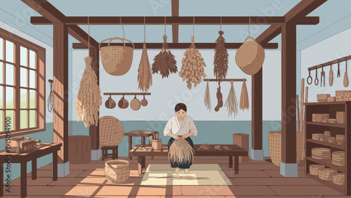 Traditional crafts workshop interior with artisan weaving baskets in rustic setting
