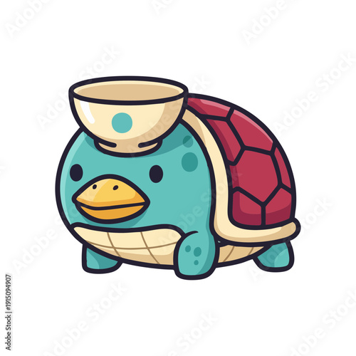 Cartoon turtle wearing a bowl on its head, vector illustration, animal character, digital art, cute creature
