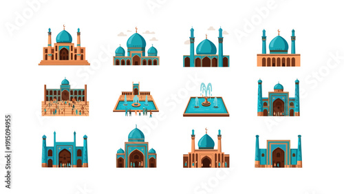 Collection of beautiful mosque icons with blue domes and arches