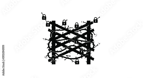 barbed wire fence with padlocks security concept