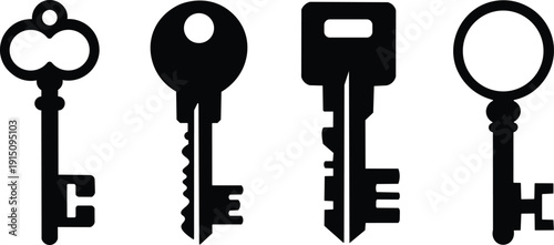 Set of four different black keys on white background