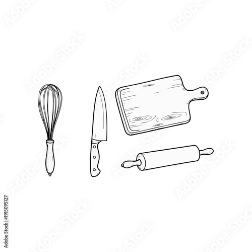 Kitchen utensils and tools arranged on a clean surface in a simple line drawing style