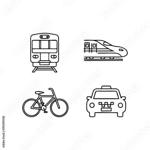 Various transport modes displayed in simple illustrations including a train, bus, bicycle, and car viewed from different angles.