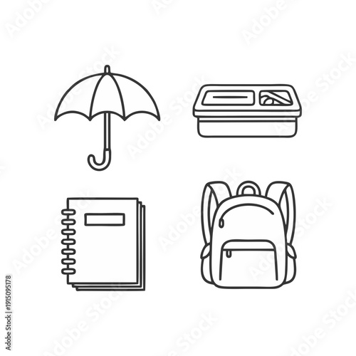 Simple line icons depicting outdoor and school essentials arranged in a grid layout on a clean background