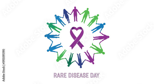 Colorful vector icon for Rare Disease Day featuring a purple ribbon and diverse arrows in a circular pattern with a heart symbol, promoting awareness and solidarity on a clean white