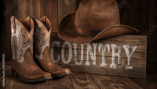 Wallpaper Mural Western boots, hat, and a rustic country sign on wood Torontodigital.ca