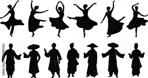 Traditional dancers silhouettes set, ballet and asian folk dance performers collection, black cultural vector illustration isolated on white background