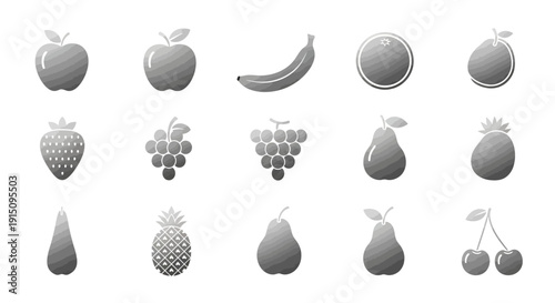 Stylized monochrome illustrations of various fruits arranged in a grid formation on white background