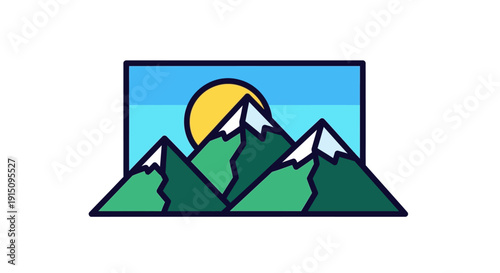 Stylized mountain range with sun rising in clear sky, geometric illustration art