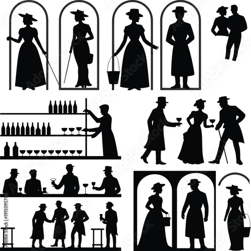 Victorian bar and society silhouettes set, vintage men and women drinking wine, black retro people vector illustration isolated on white background