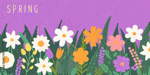 Colorful floral illustration with the word spring at the top