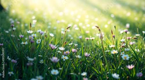 Serene Morning Meadow with Dainty Wildflowers Bathed in Ethereal Glowing Sunlight