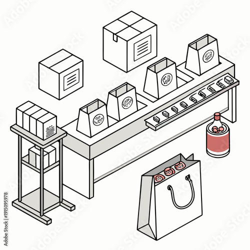 A conveyor belt with boxes and a shopping bag