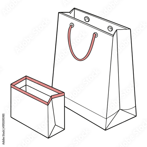 A paper bag and a paper box with red trim