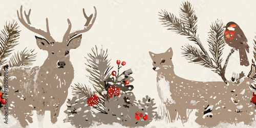 Winter scene featuring deer a bird and evergreen branches with berries