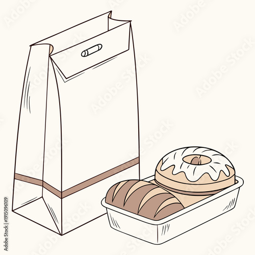 A paper bag with a box of donuts