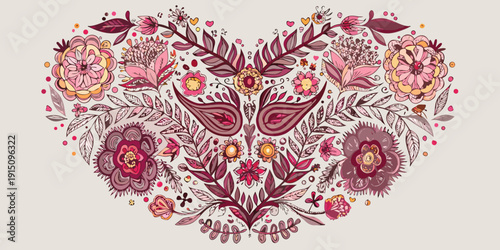 Floral heart design with intricate botanical illustrations in shades of pink