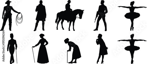 Vintage character silhouettes set, cowboy detective rider ballerina collection, black retro people vector illustration isolated on white background