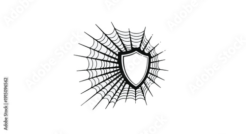 Black shield icon protected by spider web security concept on white background for protection safety and defense symbolism
