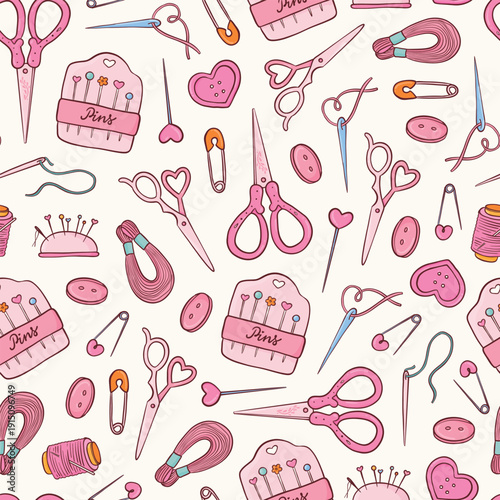 Sewing and embroidery seamless pattern with doodles of tools, threads, buttons, needles for textile prints, craft themes, wallpapers, digital paper, backgrounds and hobby designs. EPS 10