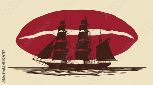 Silhouetted ship sails across water towards the horizon. Red sun partially behind