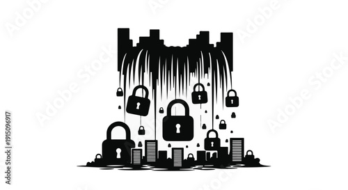 Cyber security concept with cityscape and castle under attack by falling locks, protection and safety illustration for business and technology