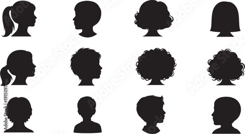 Diverse group of people silhouettes in various hairstyles profile