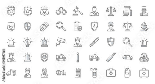 Set of line art icons related to law enforcement, security and emergency response