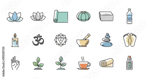 Set of minimalist vector icons illustrating elements of meditation, spa, and wellness