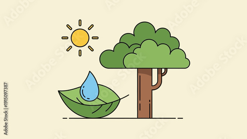 Sun, tree, leaf, and water drop illustrating natures essential elements.