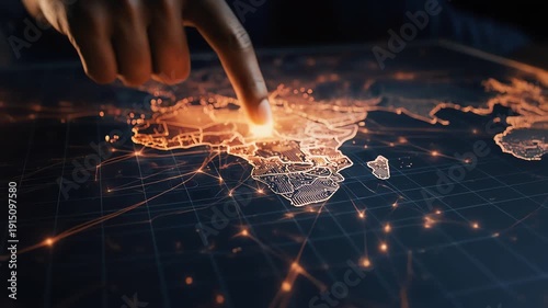 man pointing at illuminated center of africa on physical world map