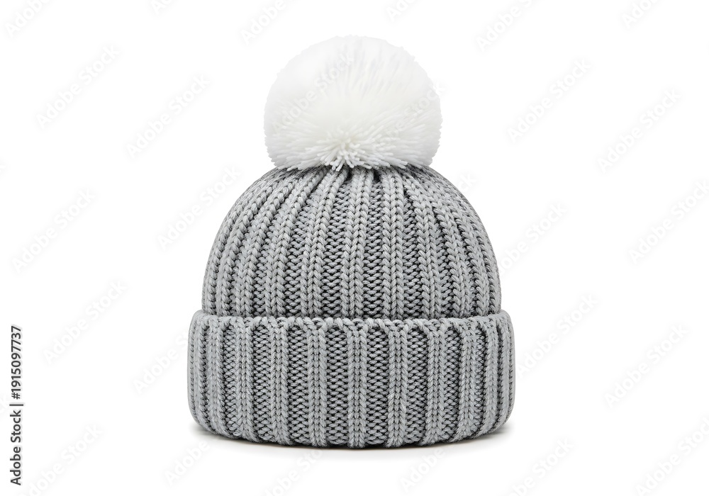 Fototapeta premium Gray knitted winter hat with white pom pom
