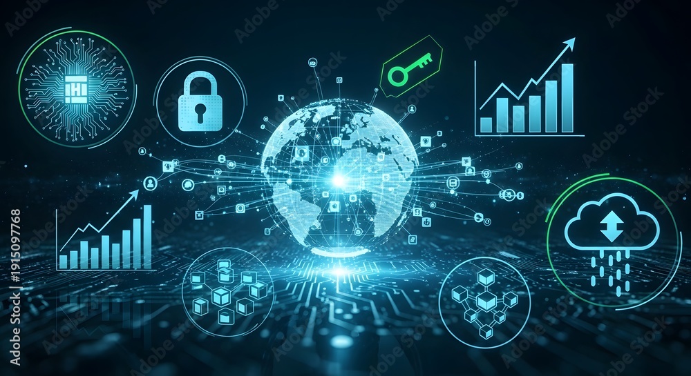 Obraz premium Digital world with interconnected technology and data visualization concepts