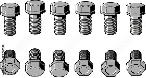 Vector illustration of a set of twelve metallic hex head bolts with threaded shanks, viewed from side and bottom, isolated on a white background for engineering diagrams.