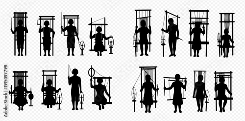 Set of Silhouettes of People Weaving on Traditional Looms, Illustrating Ancient Textile Craft and Handmade Fabric Production.