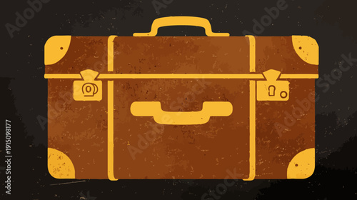 A vintage-styled illustration of a brown suitcase with yellow accents against a mottled, dark backdrop