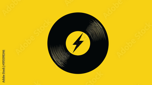 A vinyl record graphic on a vibrant yellow background, with a lightning bolt symbol in center