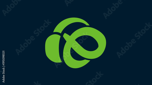 Abstract logo, a green, complex design on a dark navy blue background. Curves, and loops