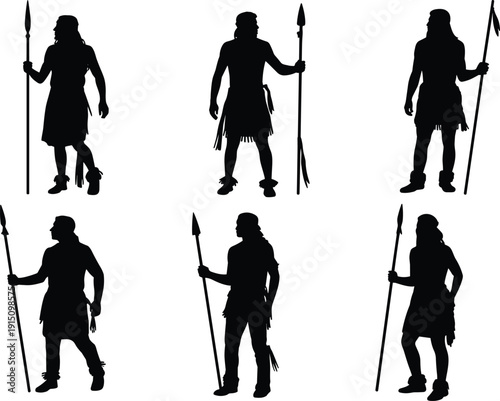 Ancient warrior silhouette set, tribal guard men with spears collection, historical fighting characters, black human figures isolated on white background