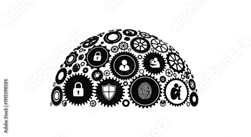 Black and white illustration of security and protection icons on gear wheels, symbolizing data safety and cybersecurity concept in modern technology