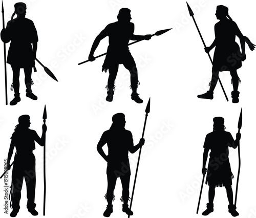 Ancient warrior silhouette collection, tribal fighters with spears action poses, historical battle characters, black human figures isolated on white background