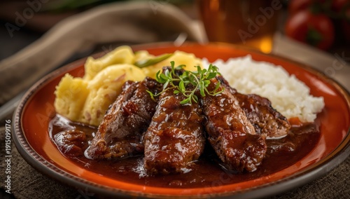 Wallpaper Mural Classic Brazilian dish of beef tongue in Madeira sauce served with mashed potatoes and rice Torontodigital.ca