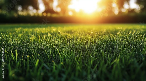 Vibrant Meadow Filled with Lush Green Grass and Glimmering Bokeh Lights for Serene Nature Background