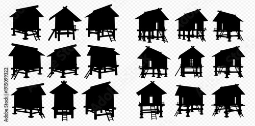 Collection of traditional stilt house silhouettes, representing various architectural styles on elevated platforms, isolated on a transparent background.