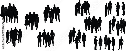 Business people silhouettes collection, standing walking and talking groups, corporate teamwork crowd scenes, professional social interaction isolated on white background