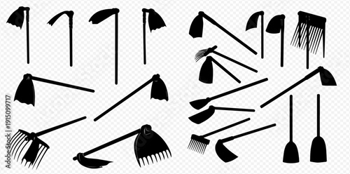 Collection of various garden tools, including hoes, rakes, and sickles, depicted as black silhouettes on a transparent background.